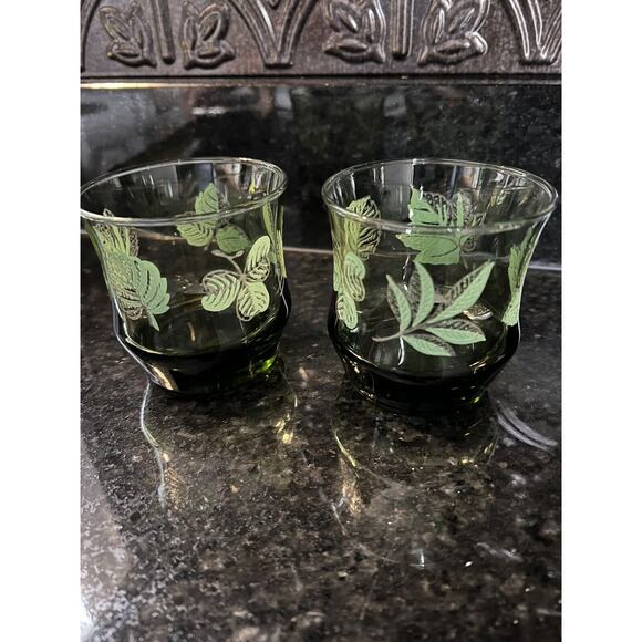 Libbey Apollo Old Fashion Glasses Green Leaves Vintage Set of 2 - Picture 5 of 7